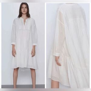 Zara midi Dress voluminous embroidered Boho babydoll oversized women sz M cotton